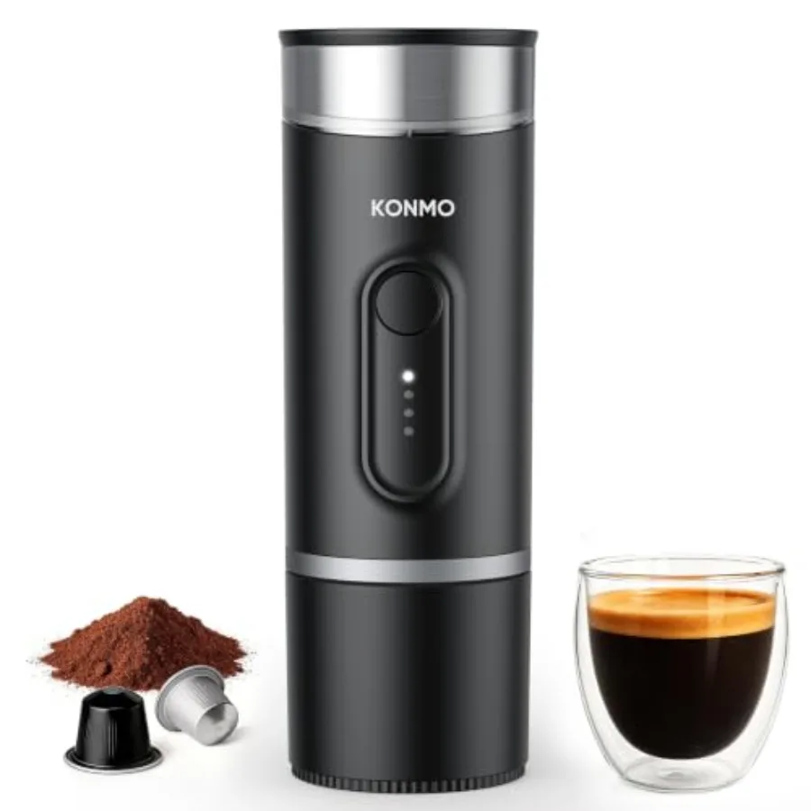 Portable espresso machine for travel: stainless steel, black, self-heating with capsule ground coffee compatibility, Type-C rec