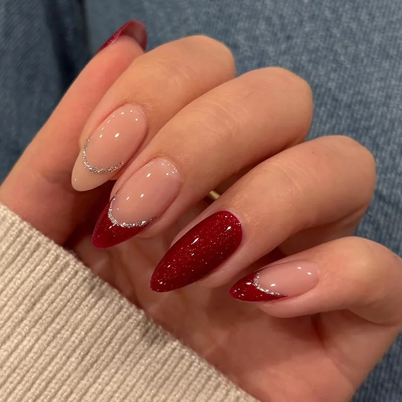 

24pcs French Red Fake Nails Art Wearable Glitter Lines Design Decor Almond False Nail Finished Simple Nude Color Press on Nails