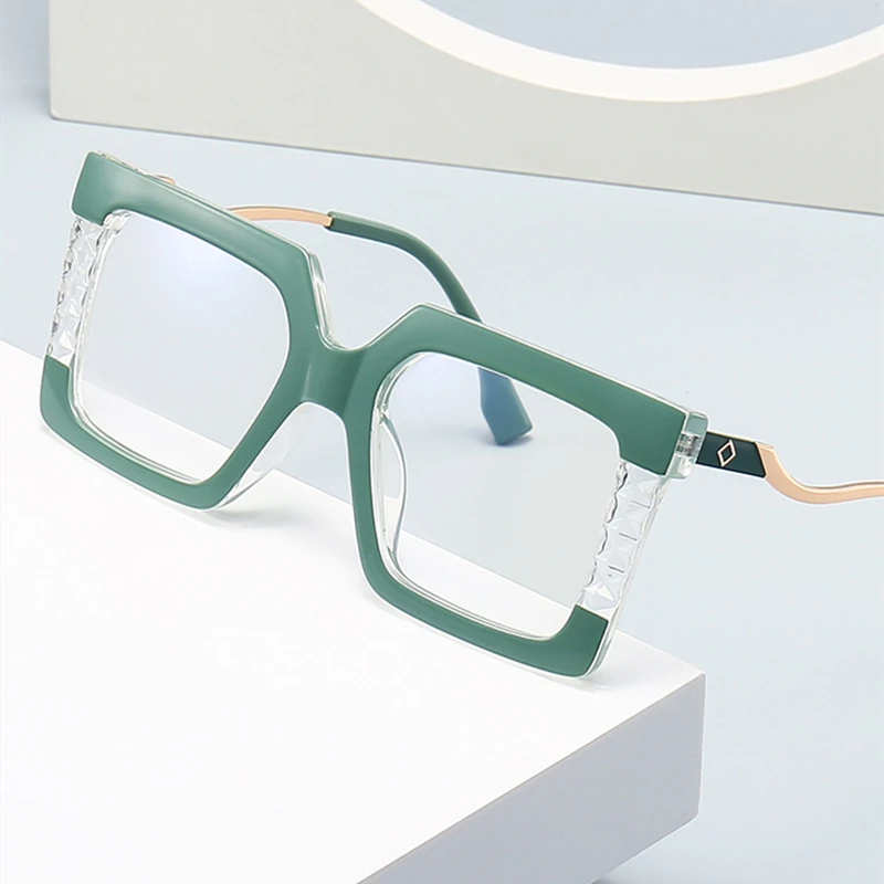 Fashion Luxury Brand Design Oversize Square Patchwork Color Women Frame Photochromic Anti Blue Light Computer Reading Glasses