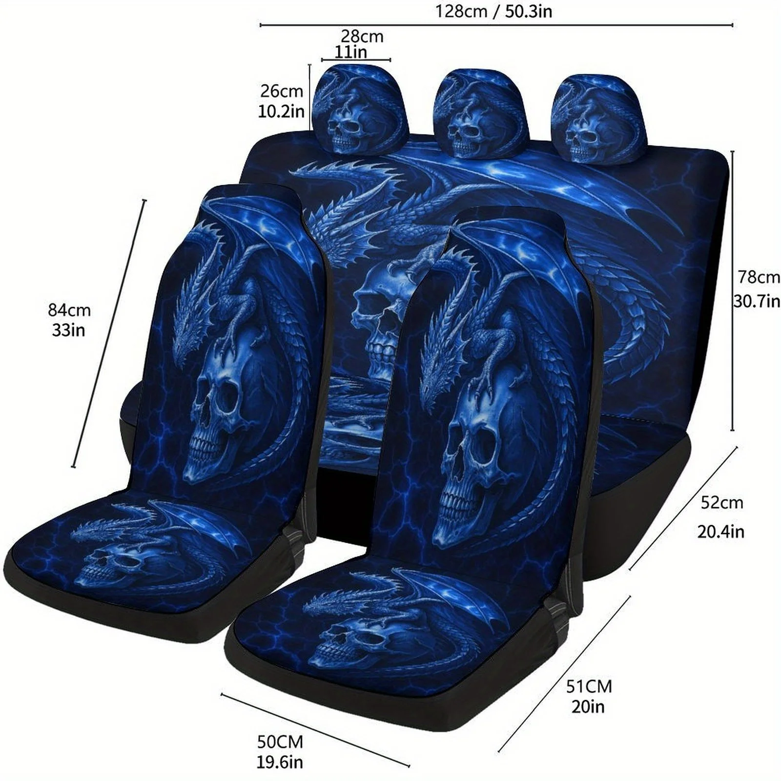 

Blue Dragon And Skull Designed Car Seat Covers Set For Most Cars, Trendy Novelty Decorative Car Seat Protector Covers Full Set,