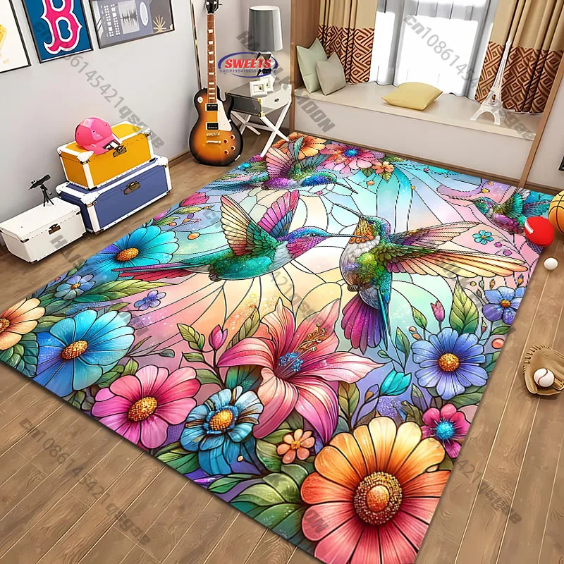 Free shipping! Colorful Hummingbird and Floral Pattern soft Rug for Living Spaces carpet for home sofa bedroom, gift mat