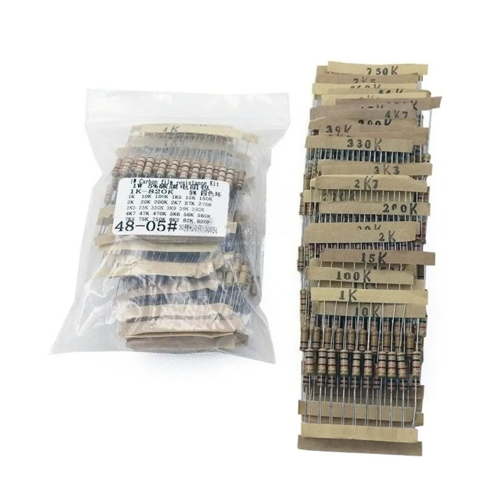 300 шт., 30 значений, комплект резисторов из углеродной пленки, 1 Вт, от 1 до 820 кОм, общие значения в ассортименте для экспериментов по ценам и образования электроники