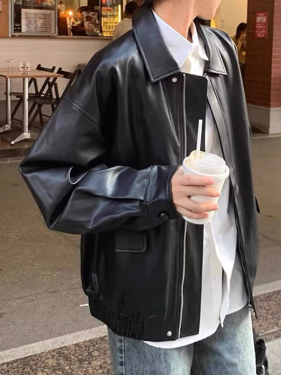 Vintage PU Leather Jacket Women High Street Techwear Oversized Moto Biker Coats BF Punk Loose Casual Cropped Bomber Outerwear