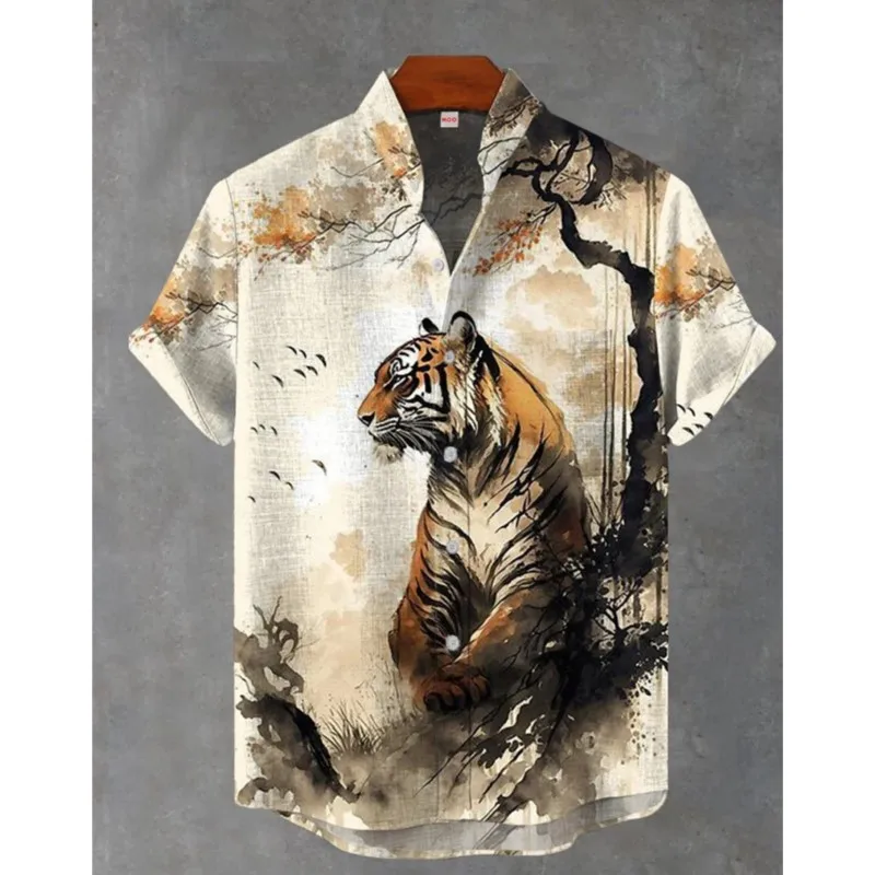 New Men's Linen Short Sleeved Tiger Shirt With Summer Casual Octopus Pattern Print Fashionable Clothing  Camisa Hombre Top