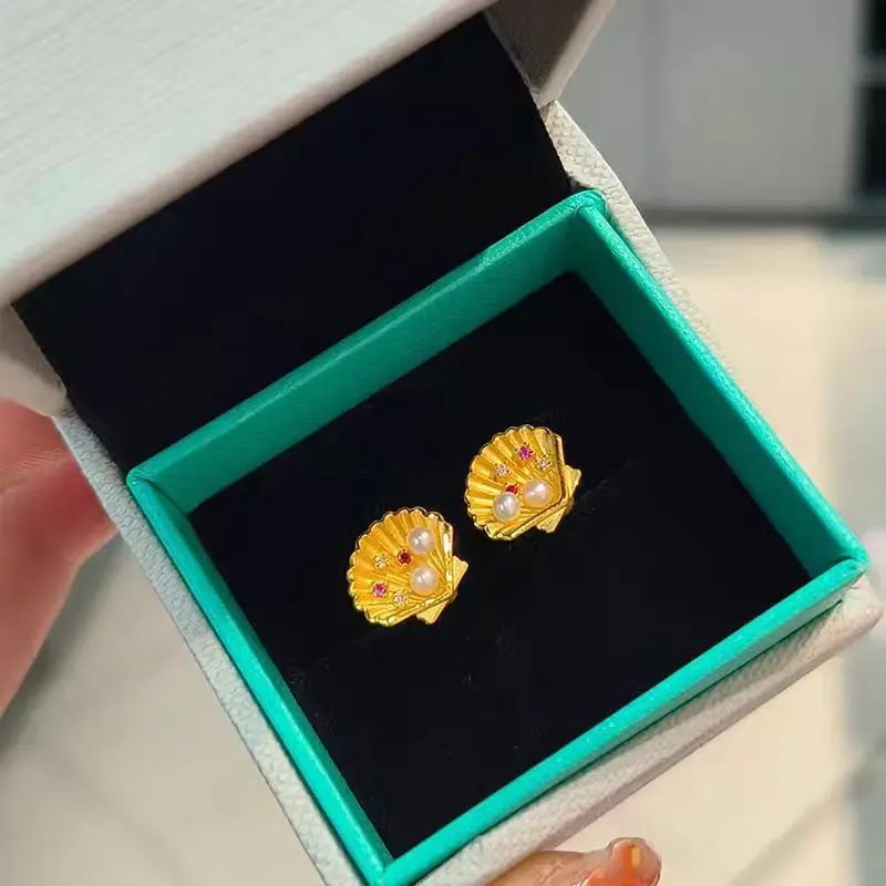 

Genuine Kt18 Gold Color Shell Shape Earrings Earring for Women Bride Girl Birthday Wedding Engagement Stud Earring Jewelry Gifts
