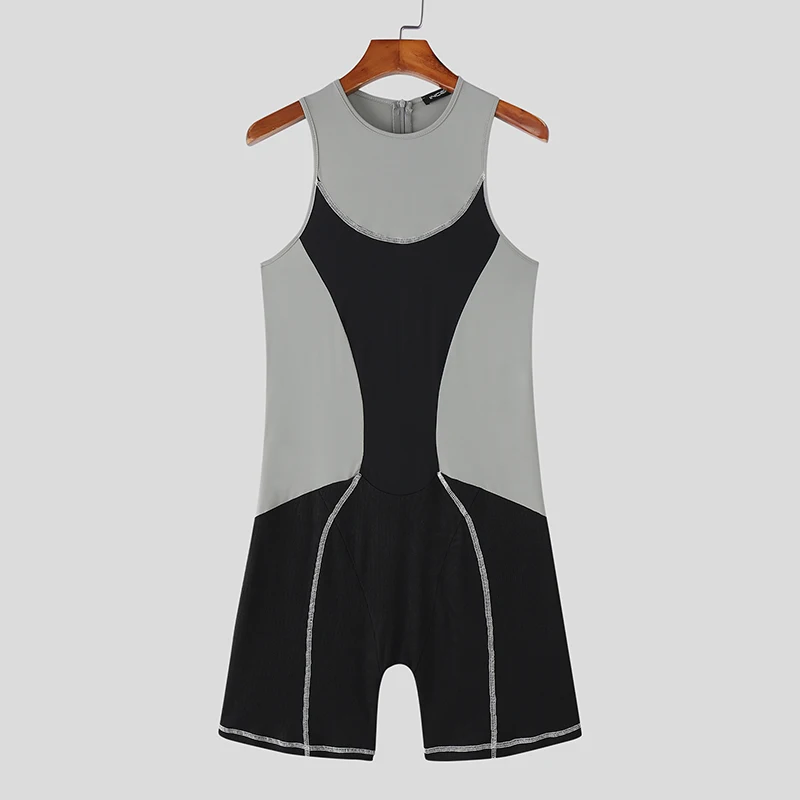 

INCERUN Men Bodysuits Patchwork Color-block O-neck Sleeveless Male Rompers Playsuits Streetwear Workout 2025 Summer Bodysuit Men