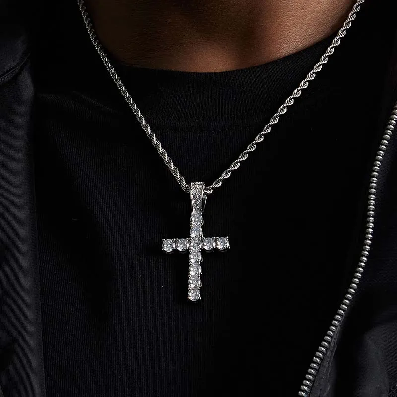 Punk Hip Hop Stainless Steel Cross Pendant Necklace For Men Gothic Full Rhinestone Silver Color Long Chain Necklace Jewellery