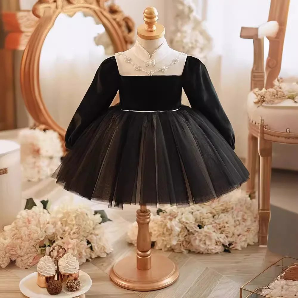 2024 New Girls Evening Black Princess Ball Gown Kids Elegant Long Sleeve Birthday Party Boutique Dress y1230