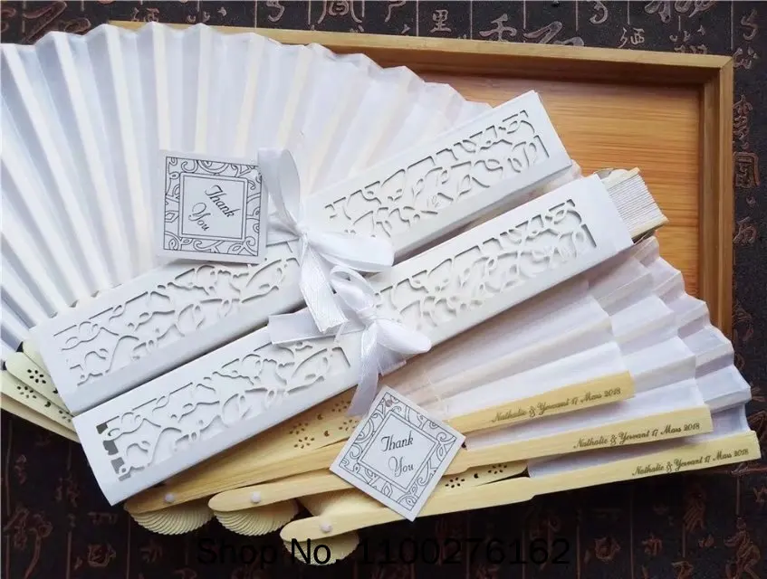 

30Pcs/lot Personalized Luxurious Silk Fold Hand Fan in Elegant Laser-Cut Gift Box +Party Favors/wedding Gifts+printing