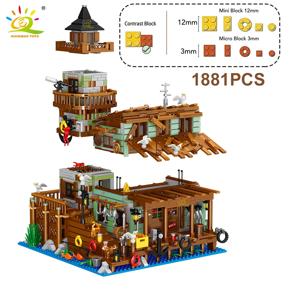 Huiqibao 1881Pcs Stad Mini Vissersdorp Hut Micro Bouwstenen Diy Vis Huis Pier Set Figuren Bakstenen Speelgoed Voor Kinderen