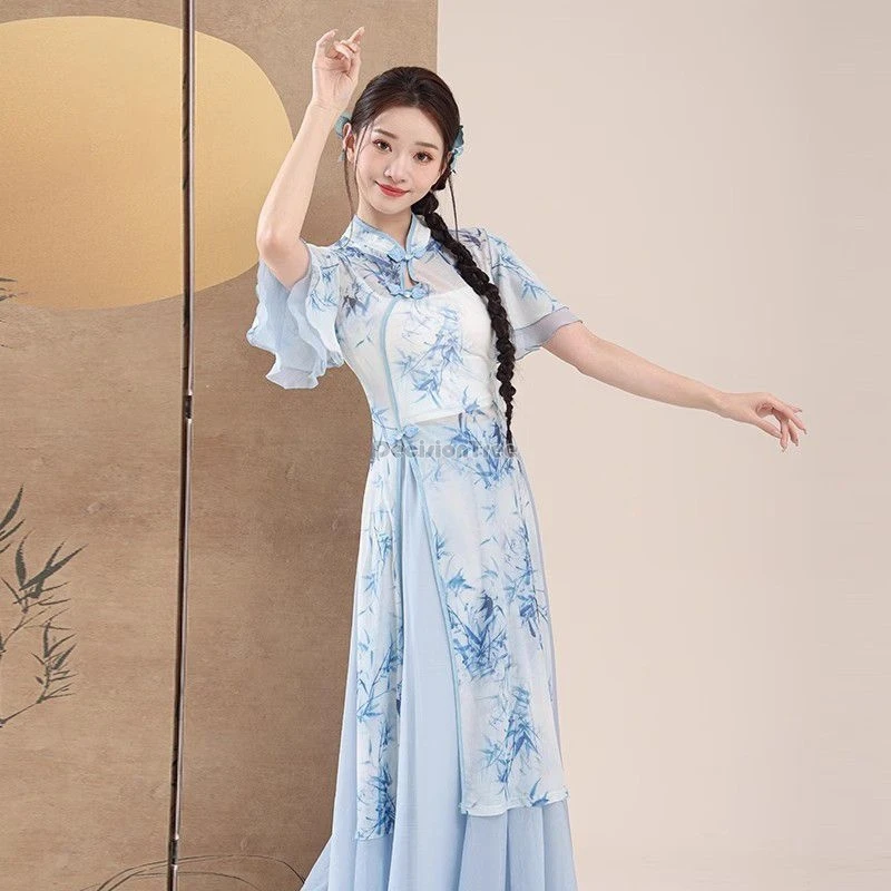 2025 new classical dance performance costumes chinese cheongsam yarn short sleeve printed set chinese dance performance costume