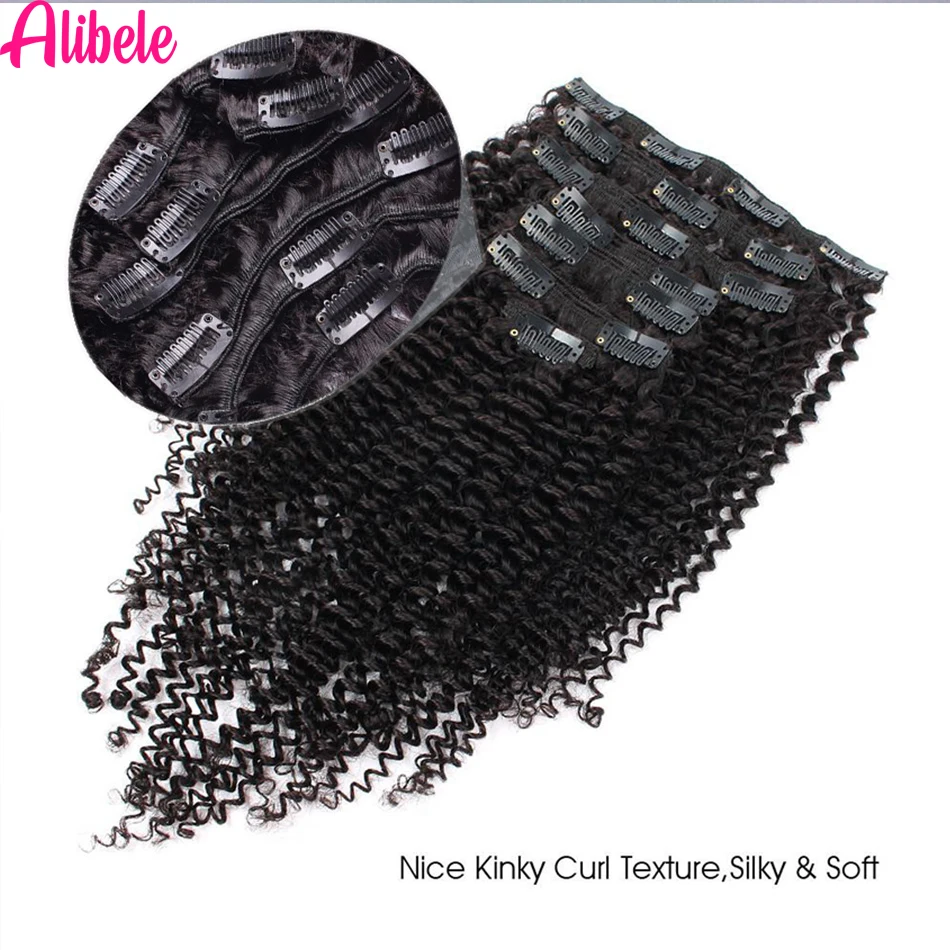 Alibele 4B 4C Afro Kinky Culy Clips In Human Hair Extensions Brazilian Remy Hair Clips in 120G 8Pcs/Set 10-28 Inches For Women