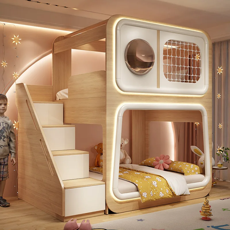 Space capsule children's bed upper and lower beds High guardrail siblings High and low mother and child S-shaped bunk