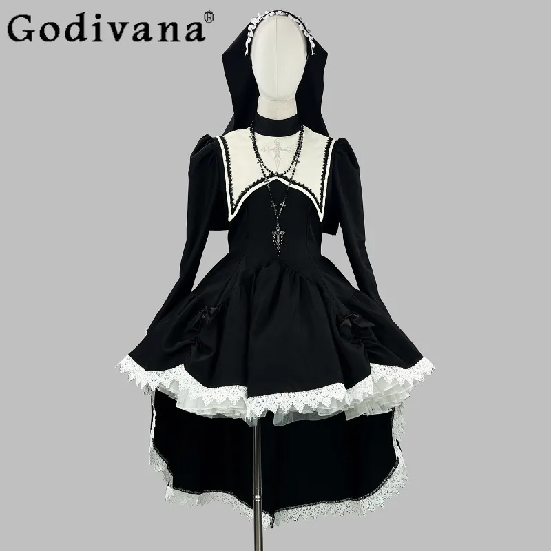 

Halloween Cosplay Dress for Women Dark Style Pure Desire Long Sleeve Dress Set Female Long Lolita Maid Costume Dress Suits