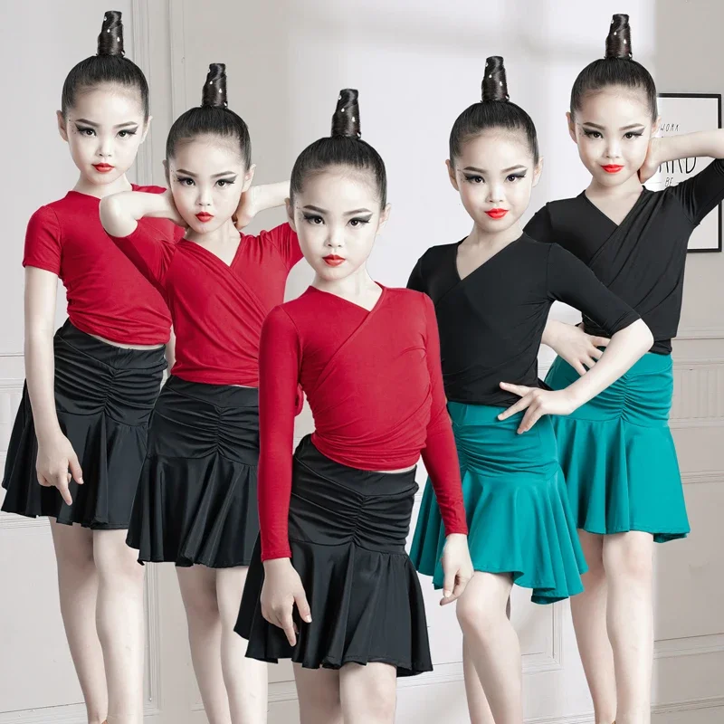 Kids Dresses for Girls Latin Dance Dress Short Sleeve Ballroom Competition Practice Solid Tango Stage Performance Costumes