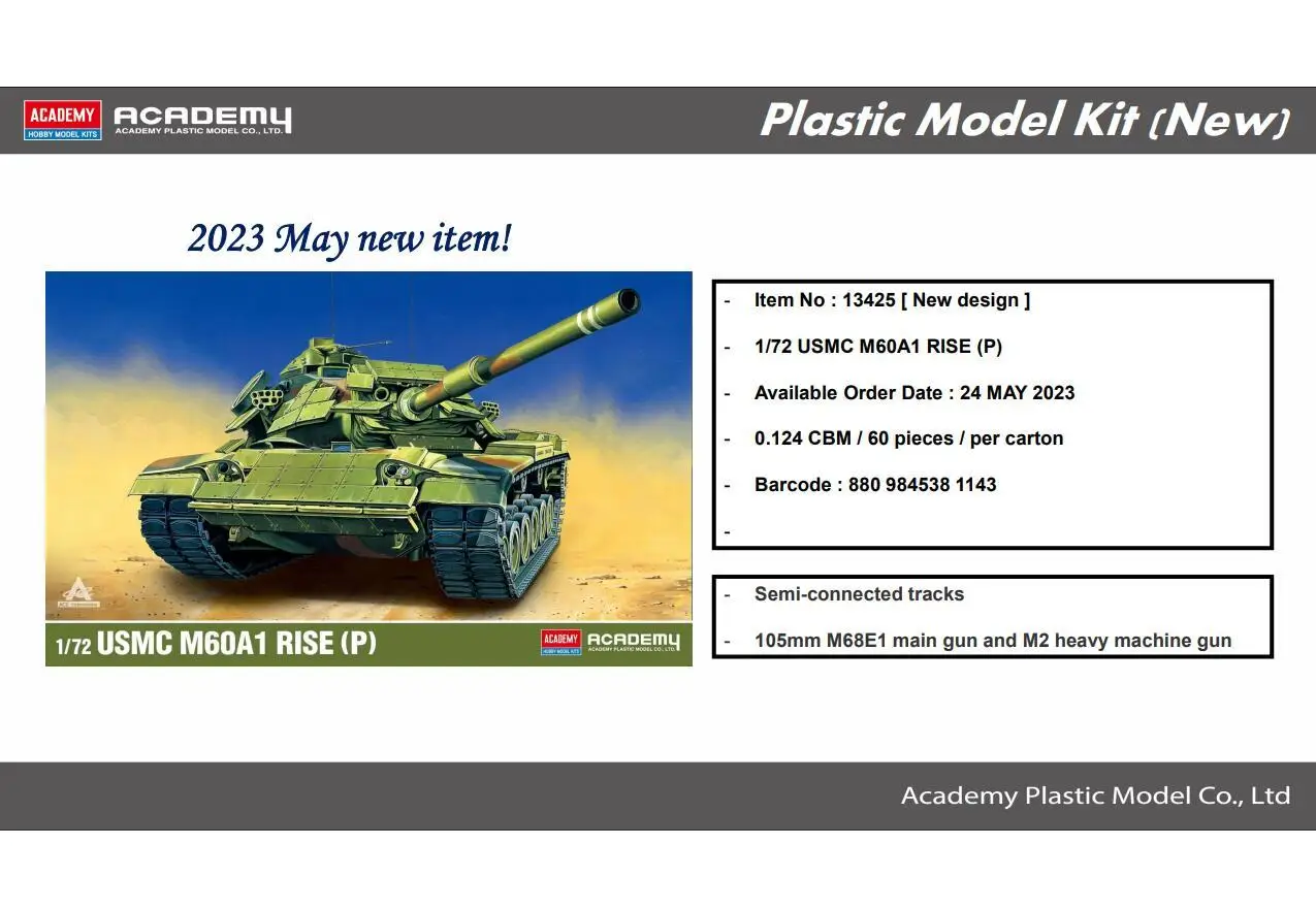 

Academy 13425 1/72 Scale USMC M60A1 RISE (P) Plastic Model Kit