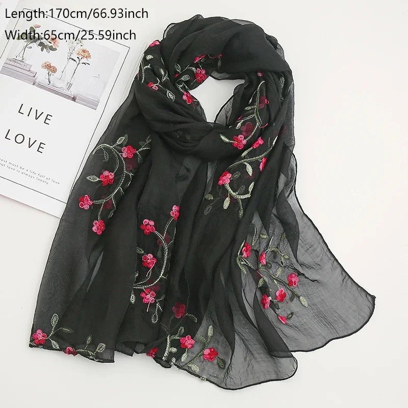 Fashion Embroidery Floral Chiffon Scarf Hijab Women Muslim Beach Headscarf Soft Wraps Headband Summer Sunscreen Shawls 170*65cm