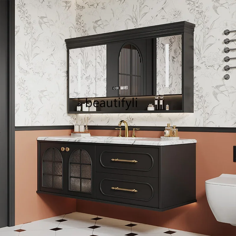 French retro bathroom cabinet combination double basin rock slab integrated basin light luxury washstand washbasin