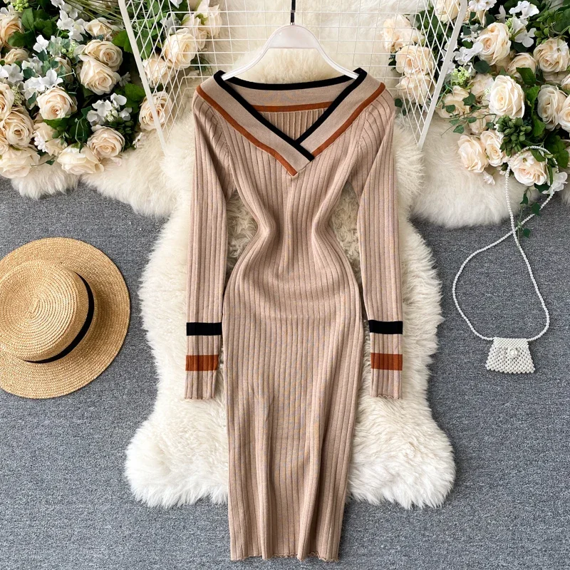 Spring Colorblock Elegant Pencil Dress Women V Neck Elastic