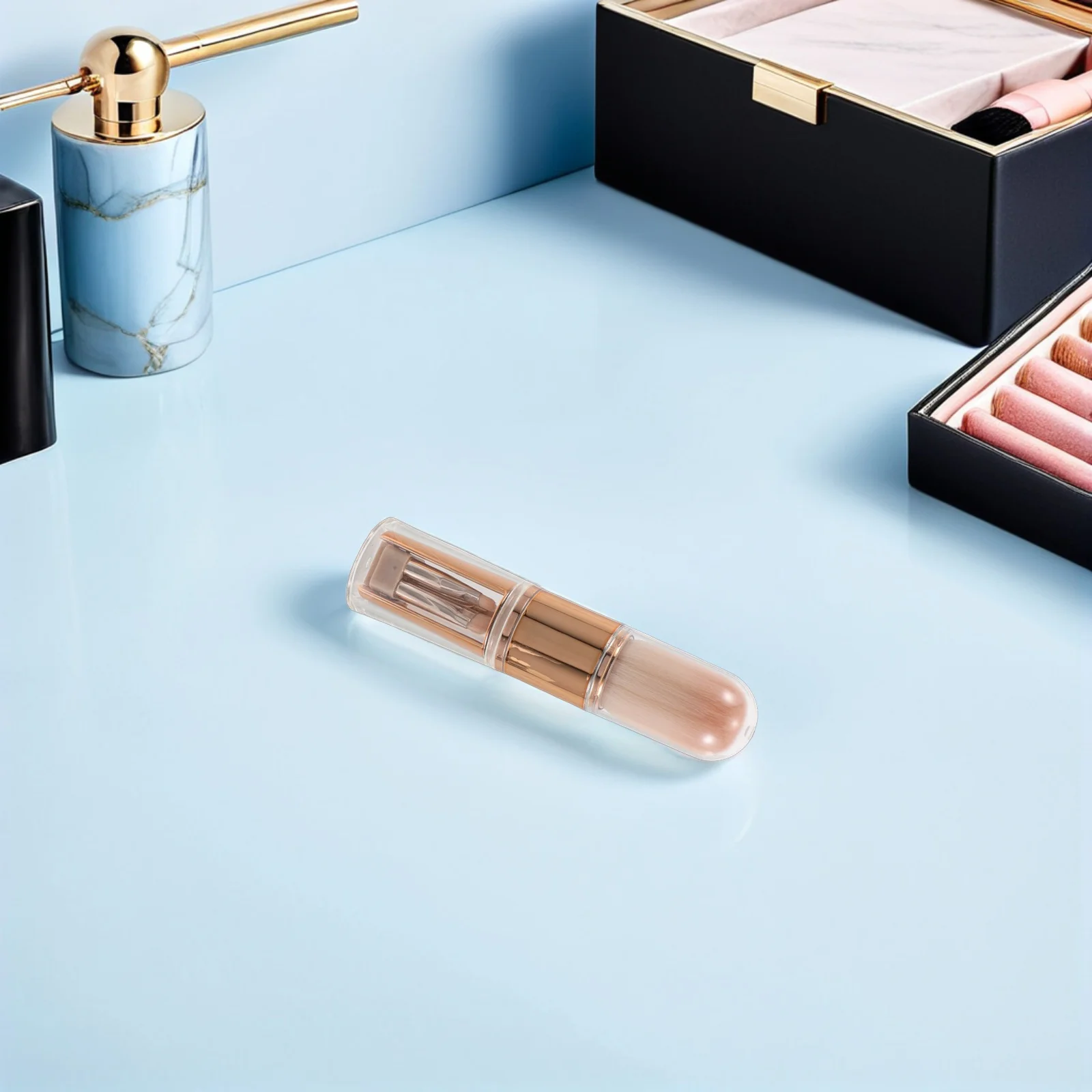 1 Set 5-In-1 Retractable Travel Makeup Brush Set Compact Portable Blush Eyeshadow Concealer Tool For Sensitive Gold