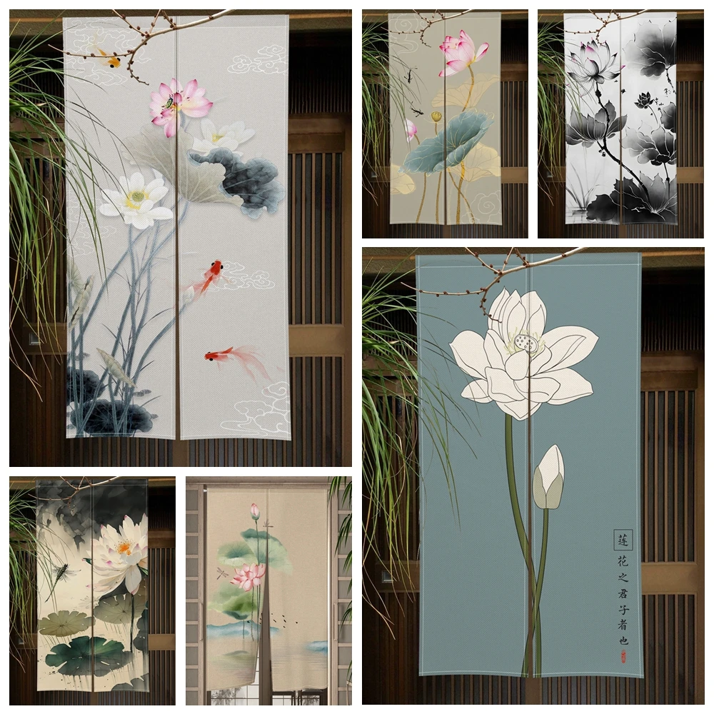 

Noren Japanese Doorway Curtain Chinese Lotus Pond Lotus Leaf Door Curtains Room Divider Kitchen Bedroom Partition Linen Curtain