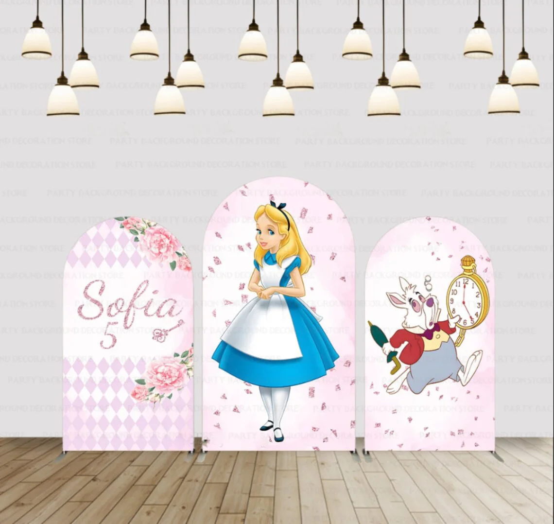 Disney Cartoon Custom Birthday Princess Girl Alice nel paese delle meraviglie Arch Baby Shower fondale Party Photography Background Decor