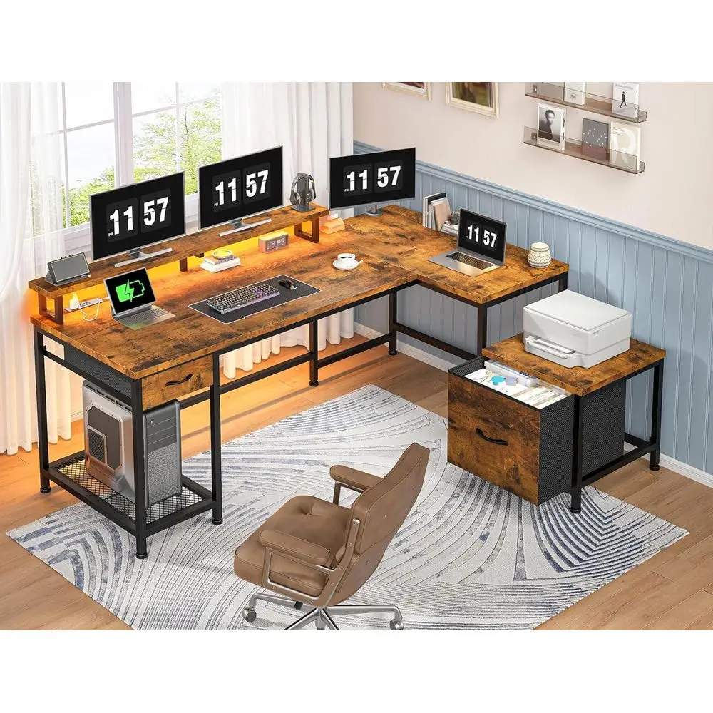 LED-lit 63 L-Shaped Gaming & Home Office Desk with Outlets, Storage, and Monitor Shelf in Rustic Brown