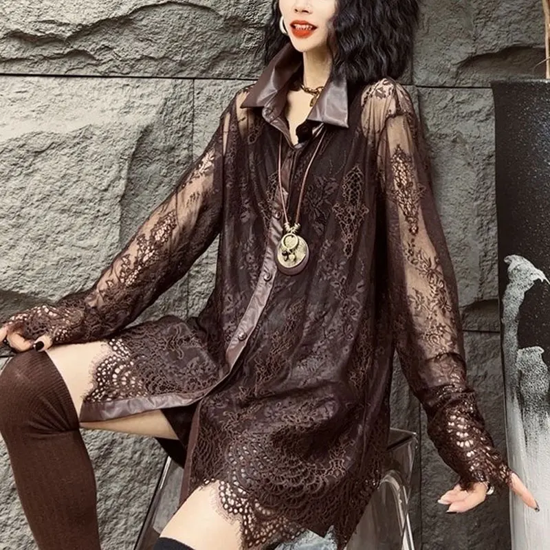 Fashion Sexy Lace Hollow Out Shirt Female Clothing Turn-down Collar Spliced Spring Autumn Commute Single-breasted Loose Blouse