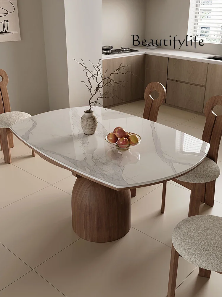 Nordic Style Retractable Stone Plate round Dining Table Modern Simple Dual-Use Folding Small Apartment Solid Wood Dining Table