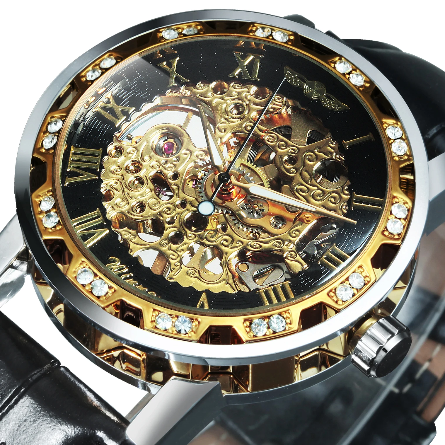 Unisex Classic Skeleton Mens Watch Luxury Diamond Case Gold Mechanical Watches Casual Leather Steel Strap Luminous WINNER Clock