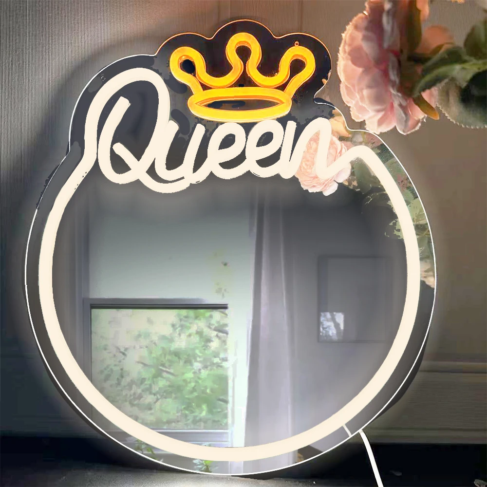 Crown Neon Light, 16x14 inch Vanity Mirror with Neutral LED Light, Wall Mounted Queen Neon Mirror for Dress Room, Living Room