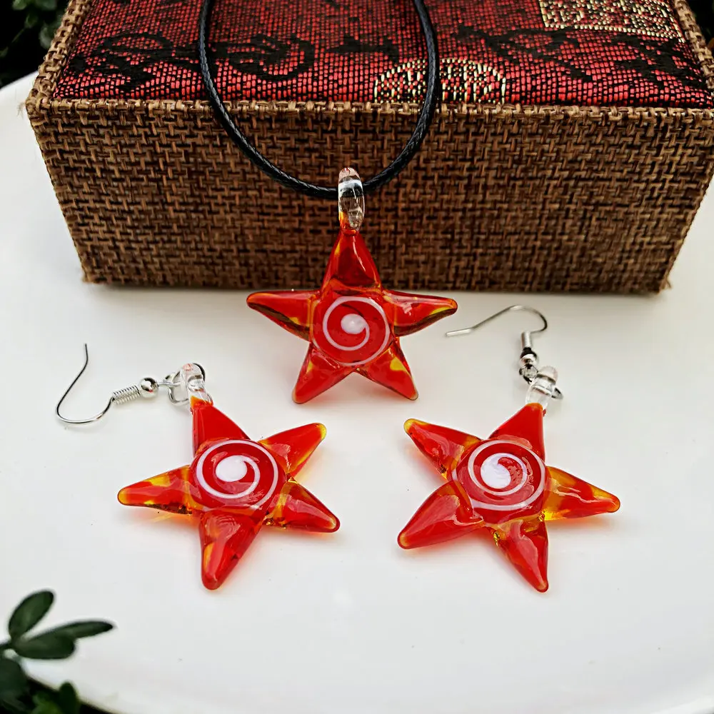 1Set Creative Ocean Style Art Starfish Inner Spiral Glass Necklace Pendant Earring Red Women's Jewelry image 4