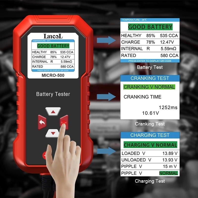 Lancol Micro 500 Car Battery Tester 12V Lithium Battery Test Lead Acid Battery Analyzer System Test 40-3000 CCA LED Display