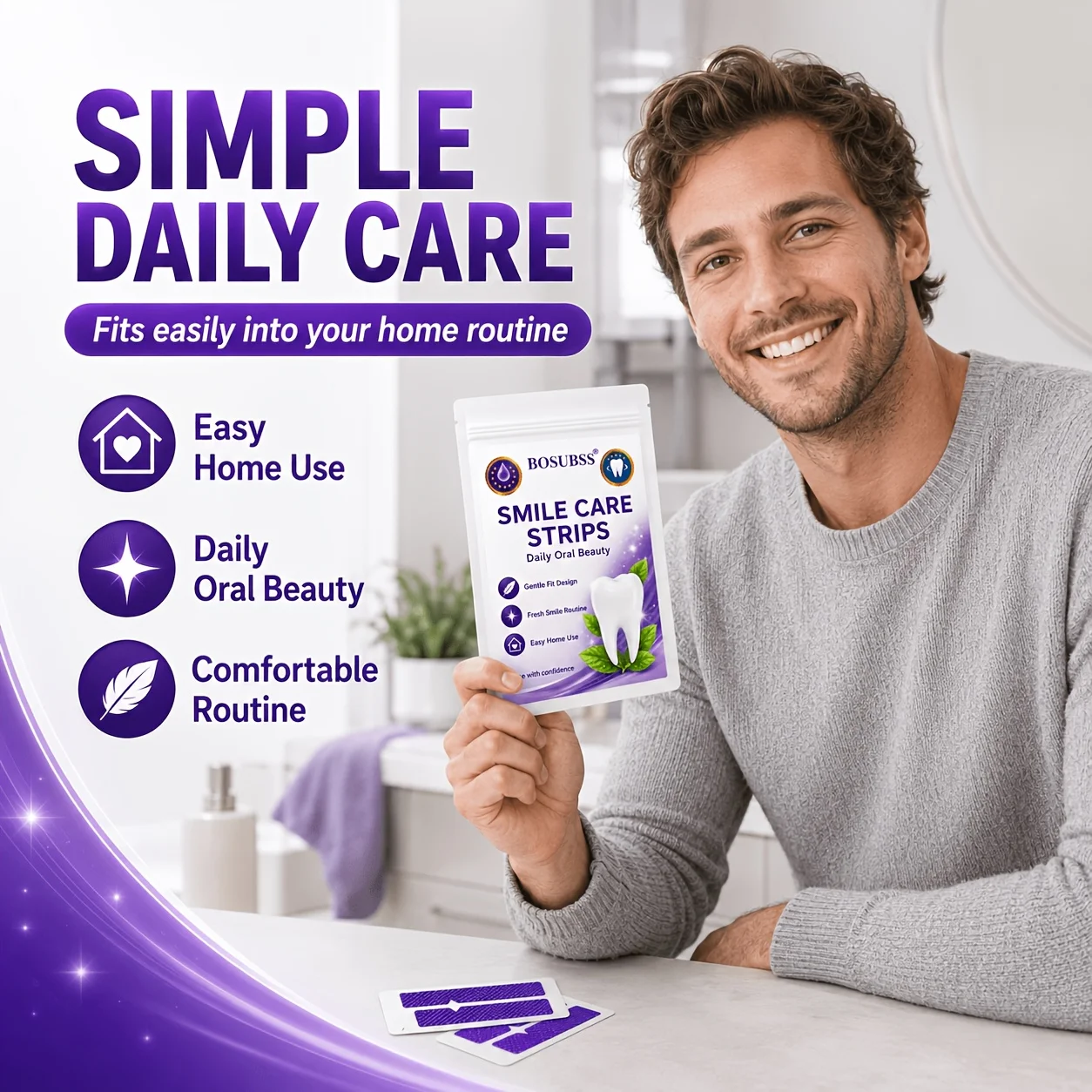 BOSUBSS 6/10 Stück Trockene Smile Care Strips, Obere & Untere Lila Strukturierte Streifen für Tägliche Mundpflege und Einfache Heimanwendung – Detail 3