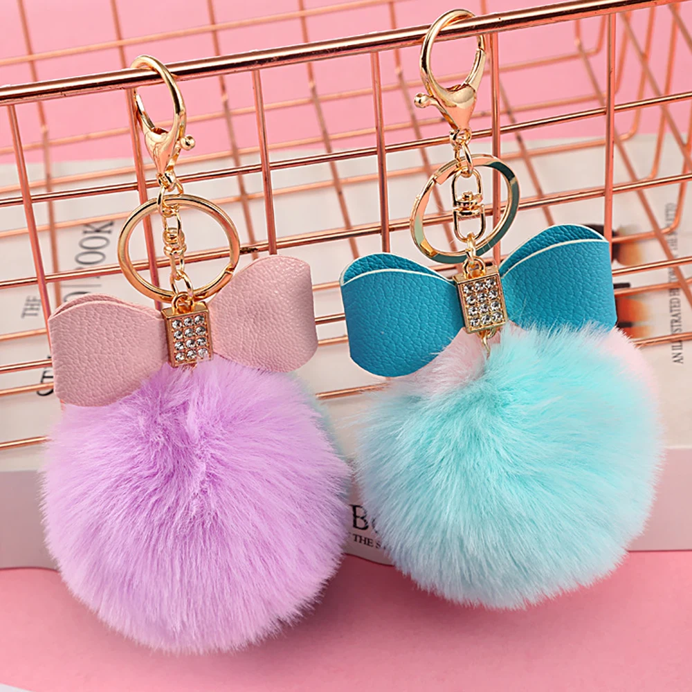 8cm Fake Fox Rabbit Keychain Pompom Bowknot Keyring Rhinestone Keyholder Women Bag Accessories Soft Plush Charm