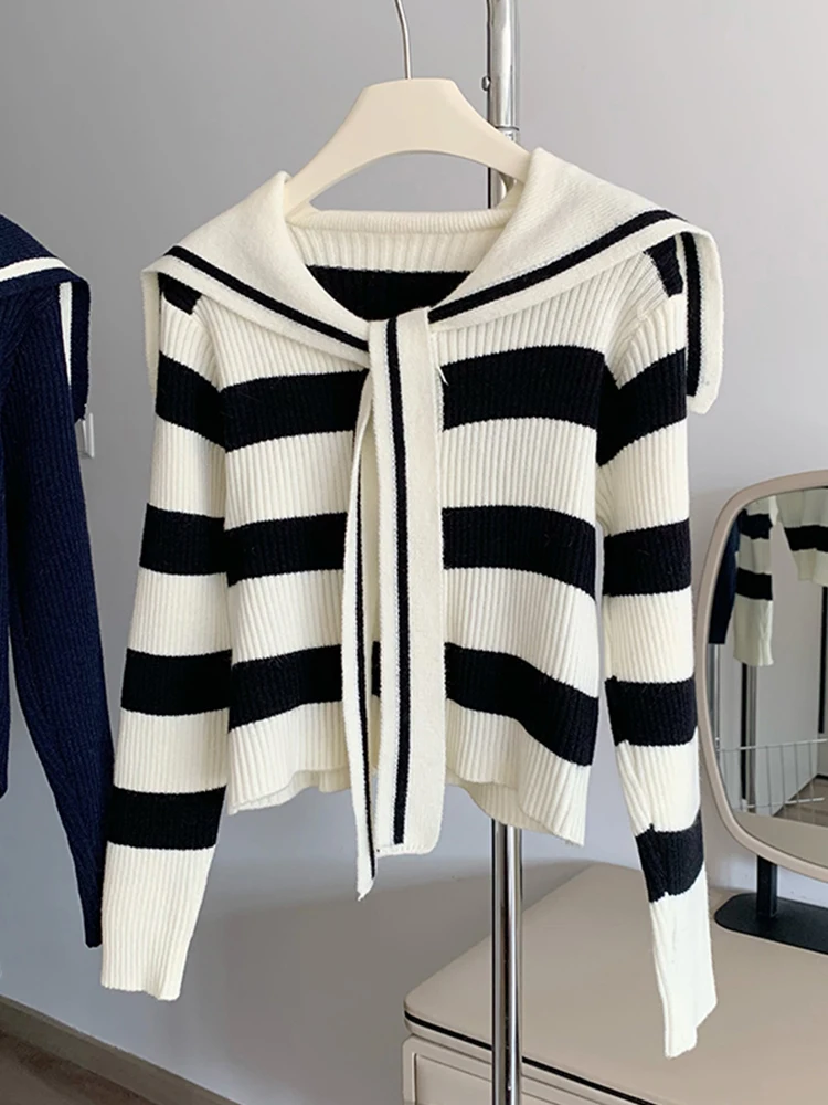 Autumn Women Striped Knitted Cardigan Office Lady Korean Fashion Long Sleeve Sailor Collar Basic Sweater Jumper Y2k Preppy Style