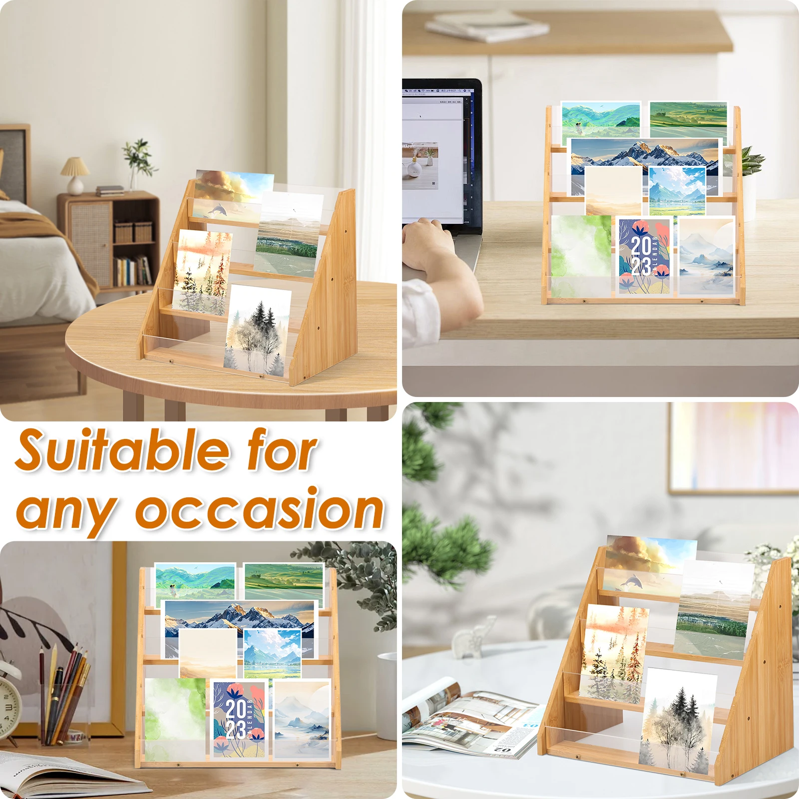 Greeting Card Display Stand Wooden Greeting Card Holder 4-Tier Bamboo Acrylic Greeting Card Display Stand for Photos Postcards