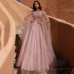 Customized Pink Long Sleeves Evening Dress Glitter Sequied Scoop Neck Tulle A Line Illusion Formal Occasions Prom Party Robe