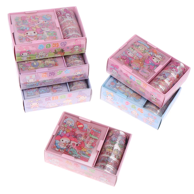 Sanrio Sticker Roll Gift Box Cute Hello Kitty Cinnamoroll Kuromi My Melody Pompompurin Hand Acount Tape Stickers Decal Kids Toys