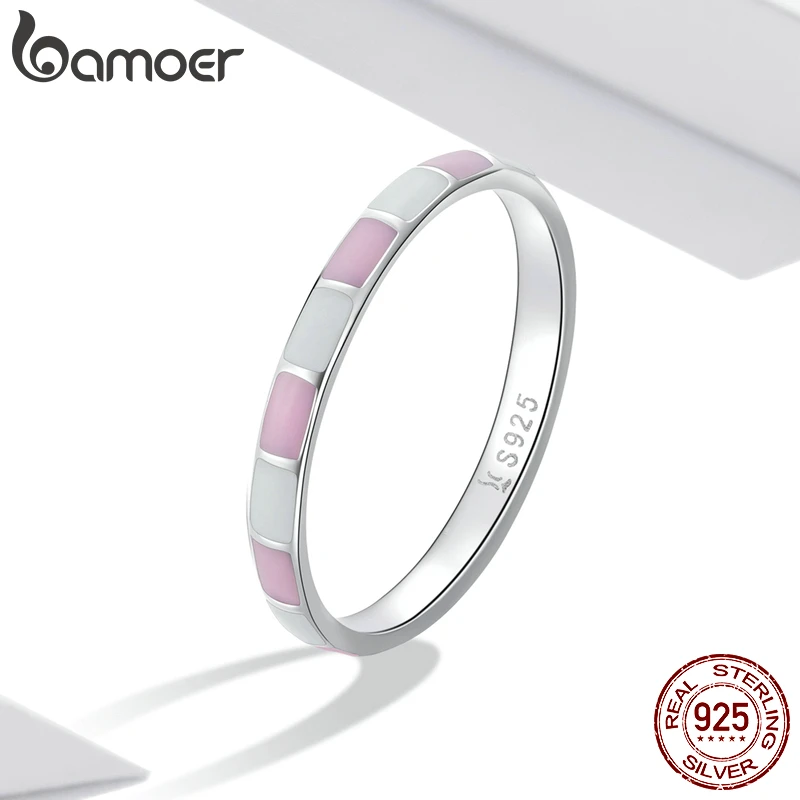 BAMOER 925 Sterling Silver Simple Check Ring Two Colors Contrast Enamel Pink White Finger Ring for Women Party Fashion Jewelry