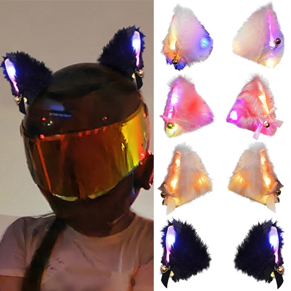 

2Pcs Plush Motocross Helmet Full Face Off Road Helmet Decor Motorcycle Helmet Cat Ears Decoration with Colorful LED Light