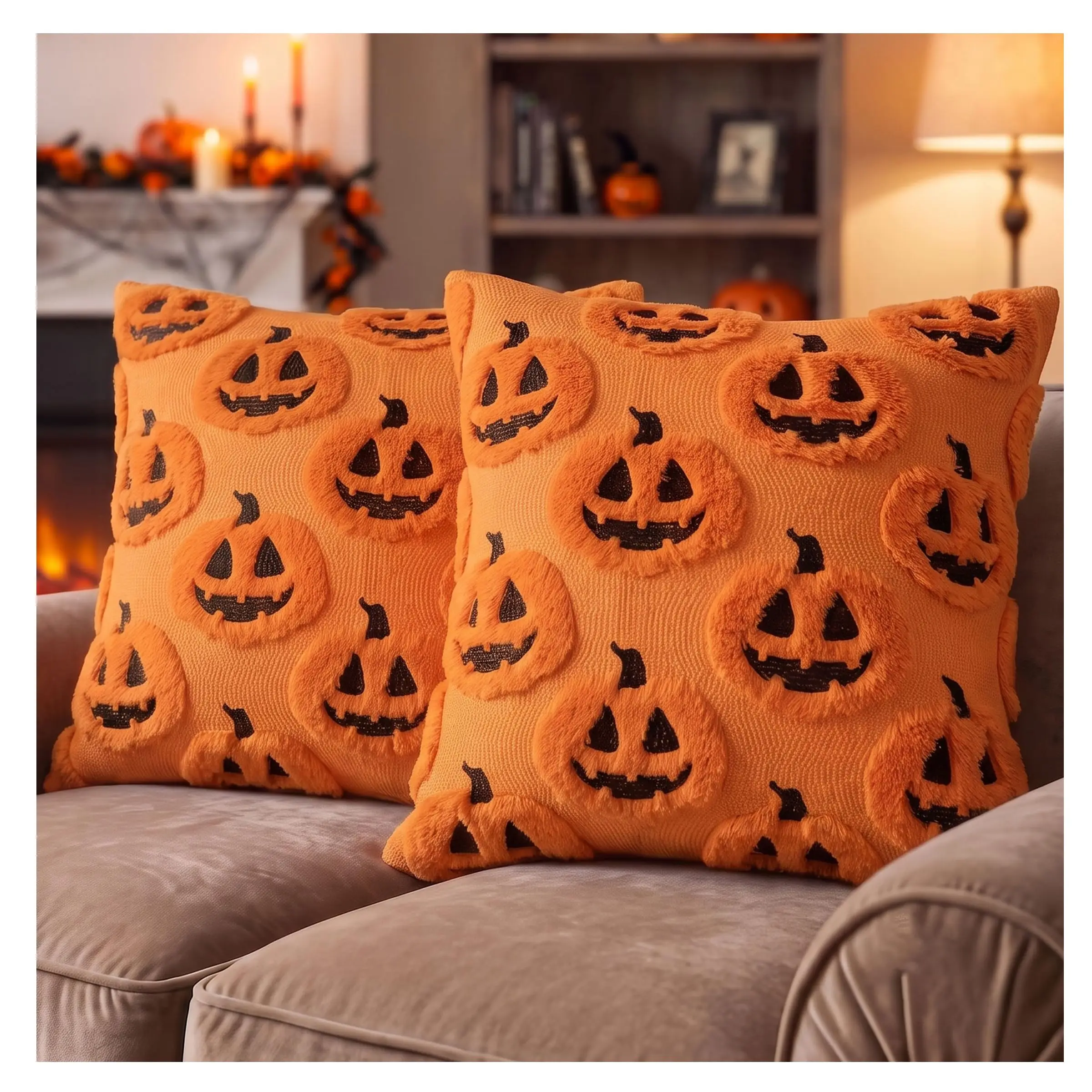 Halloween Pumpkin Throw Pillow Covers Set of 2 - Soft Plush Faux Wool with 3D Embroidery Velvet Hidden Side Zipper for Couch