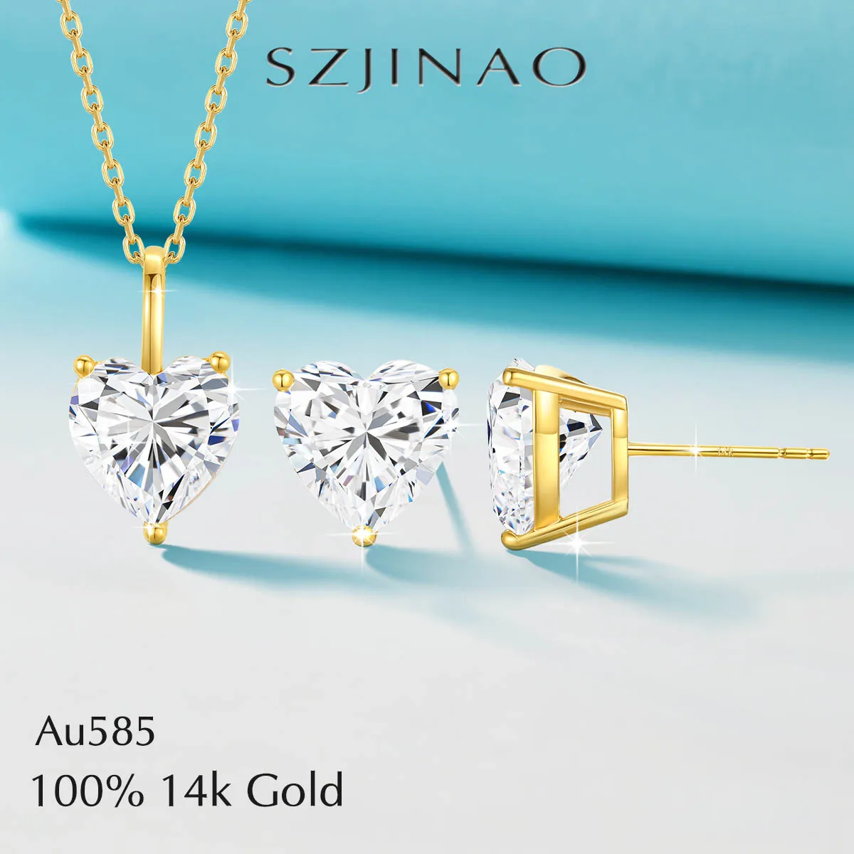 

Real 14K Gold Moissanite Stud Earrings Heart Shape Pendant Necklace Au585 Diamond Jewelry Set for Women Engagement Romantic Gift