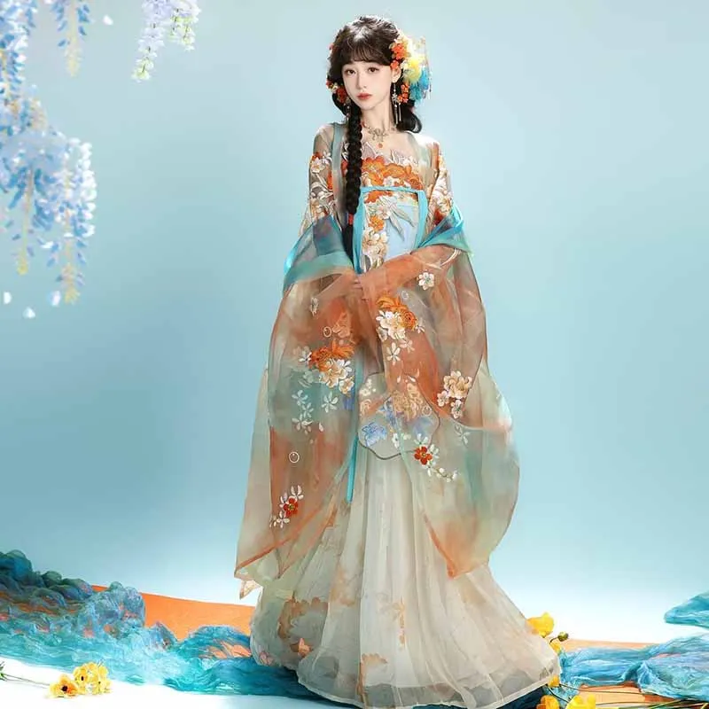 2026 new Chinese Vintage Gradient Blue Embroidered Hanfu Dress Female Halloween Cosplay Costume Tang Suits Hanfu