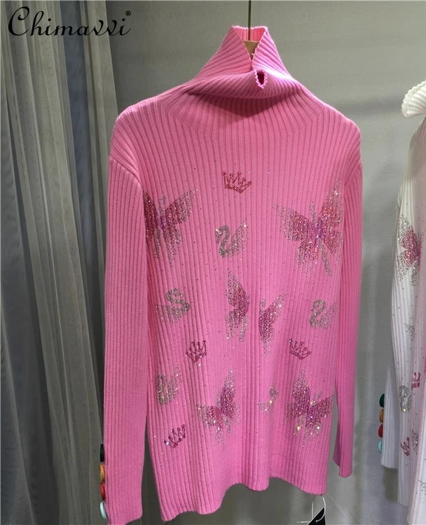 

European Heavy Rhinestone Sweater Women Autumn and Winter New Fashion Thickened High Neck Ribbed Warm Knitted Base Shirt Top