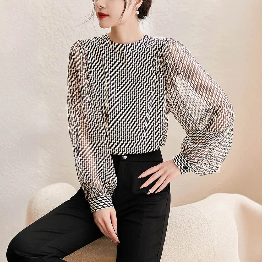 Blusa elegante de gasa de diseñador para mujer, Top de marca de lujo con estampado geométrico de inspiración Retro y camisas con dijes de estilo Ins