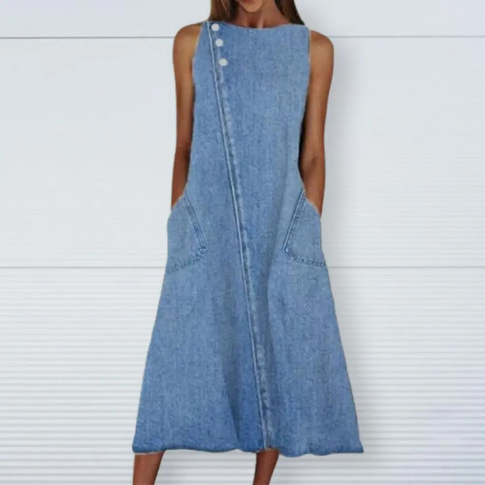 Loose Denim Dress Women Vintage Sleeveless Pockets Solid Color Summer Dress Midi Streetwear