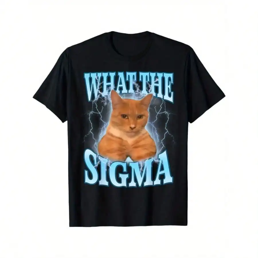 تي شيرت كاجوال بنمط سيجما ميمي كات جرافيك تي شيرت رجالي كاجوال من القطن مع تأثير البرق بتصميم سيجما #1