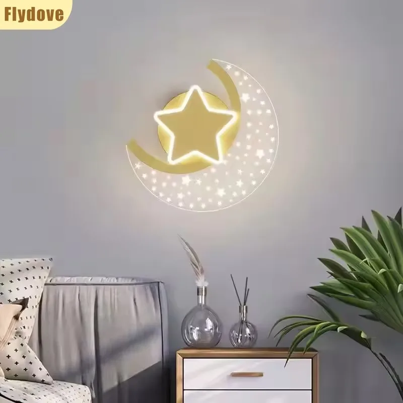

Korean Style LED Black Gold Wall Lamp Creative Star Moon Living Room Background Wall Bedside Indoor Lighting Decoration Lamp