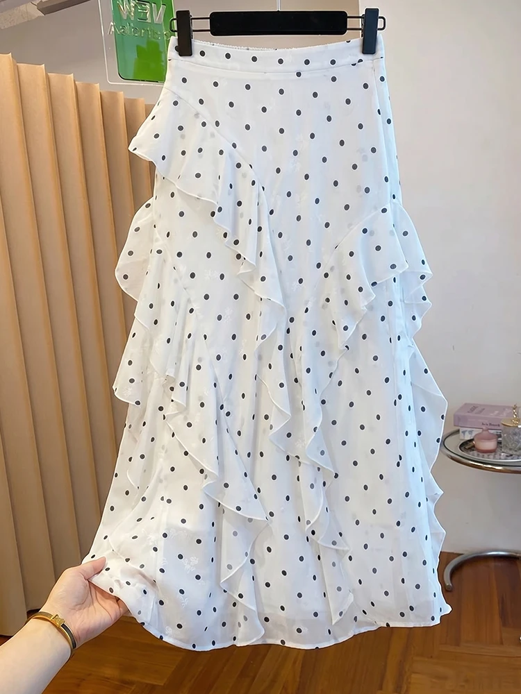 White Polka Dot Asymmetrical High Waist Skirt with Lace Hem Layered Cake Skirt Slimming Versatile mid Length Skirt